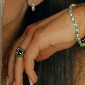 Lab grown genuine diamond and emerald bracelet / sterling silver